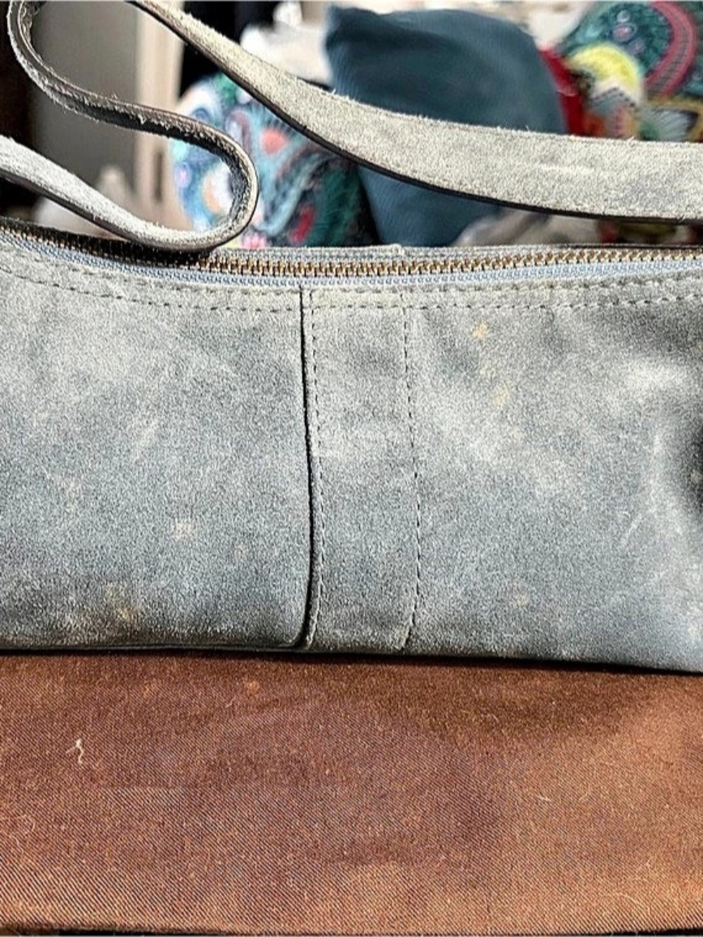 Coach Hamptons Suede Demi Baguette Gray Crossbody Bag